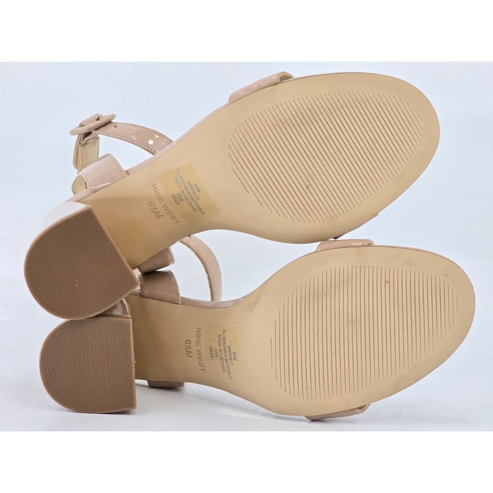 Nine West WNREALY3 Block Heel Sandals Womens 6.5M Nude Patent Ankle Strap -VG